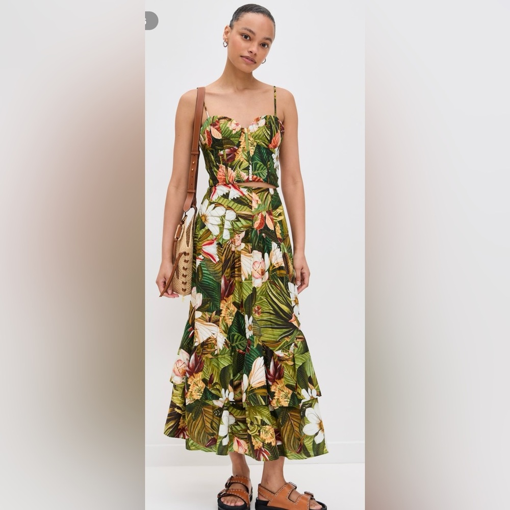 FARM Rio Botanical Forest Asymmetric Yoke Midi Skirt Size XL